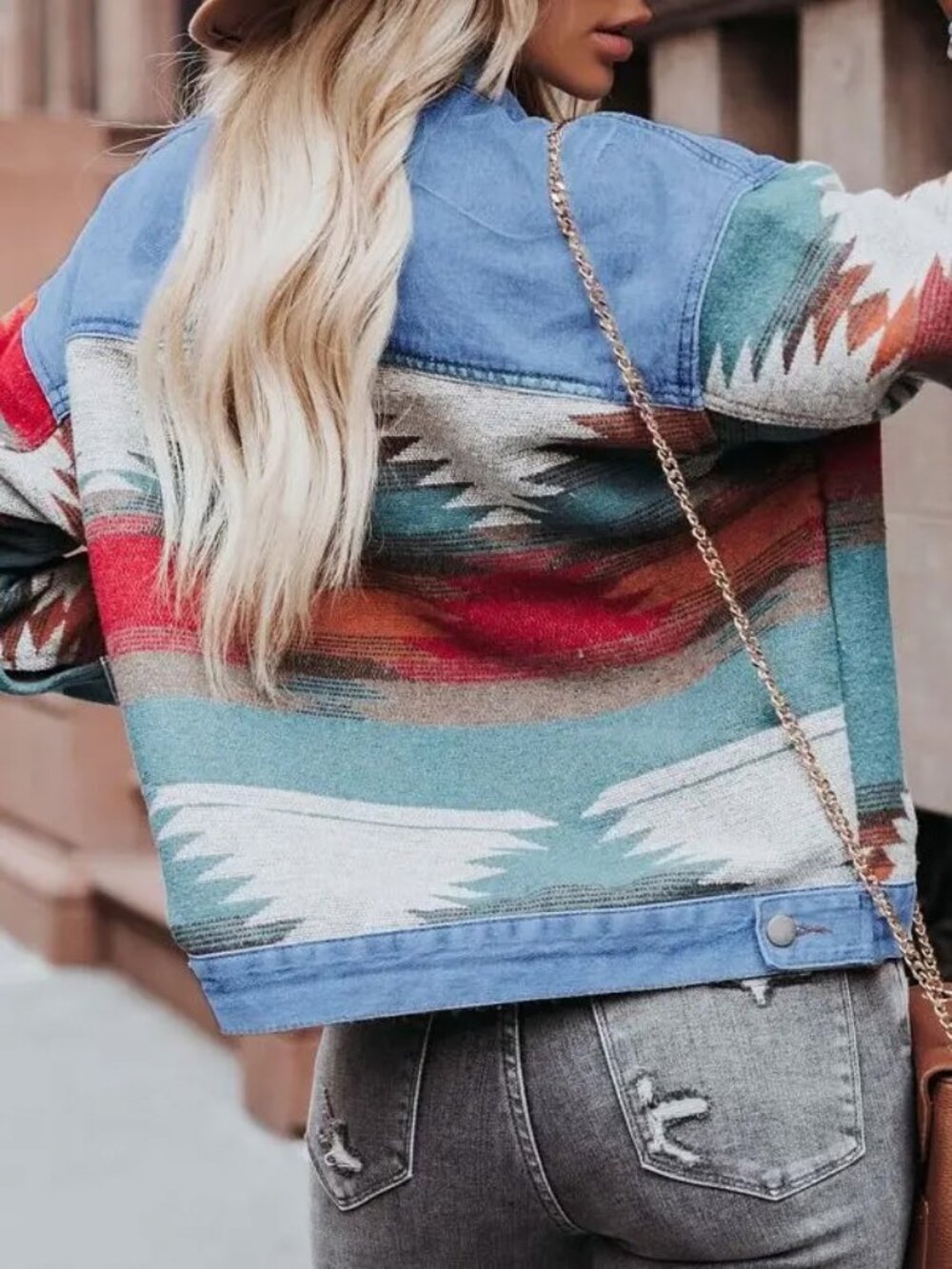 Aztec Patchwork Cropped Denim Jacket - Picture 3 of 6